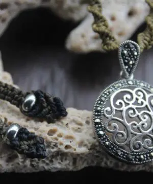 Alternative view of Celtic Marcasite (Pyrite) Sterling Silver Necklace, Adjustable Ancient knots, Australian made macrame cord healing crystal jewellery