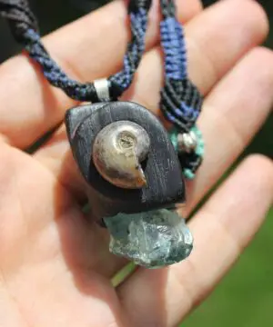 Alternative view of Aquamarine wood pendant, Opalized Ammonite Necklace jewelry,Red Cedar Wood, Australian made Macrame cord,October BirthStone,Healing crystal