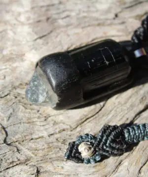 Australian Topaz and Black Tourmaline wood pendant, Macrame cord, crystal point , Australian made macrame cord, black stone jewelry