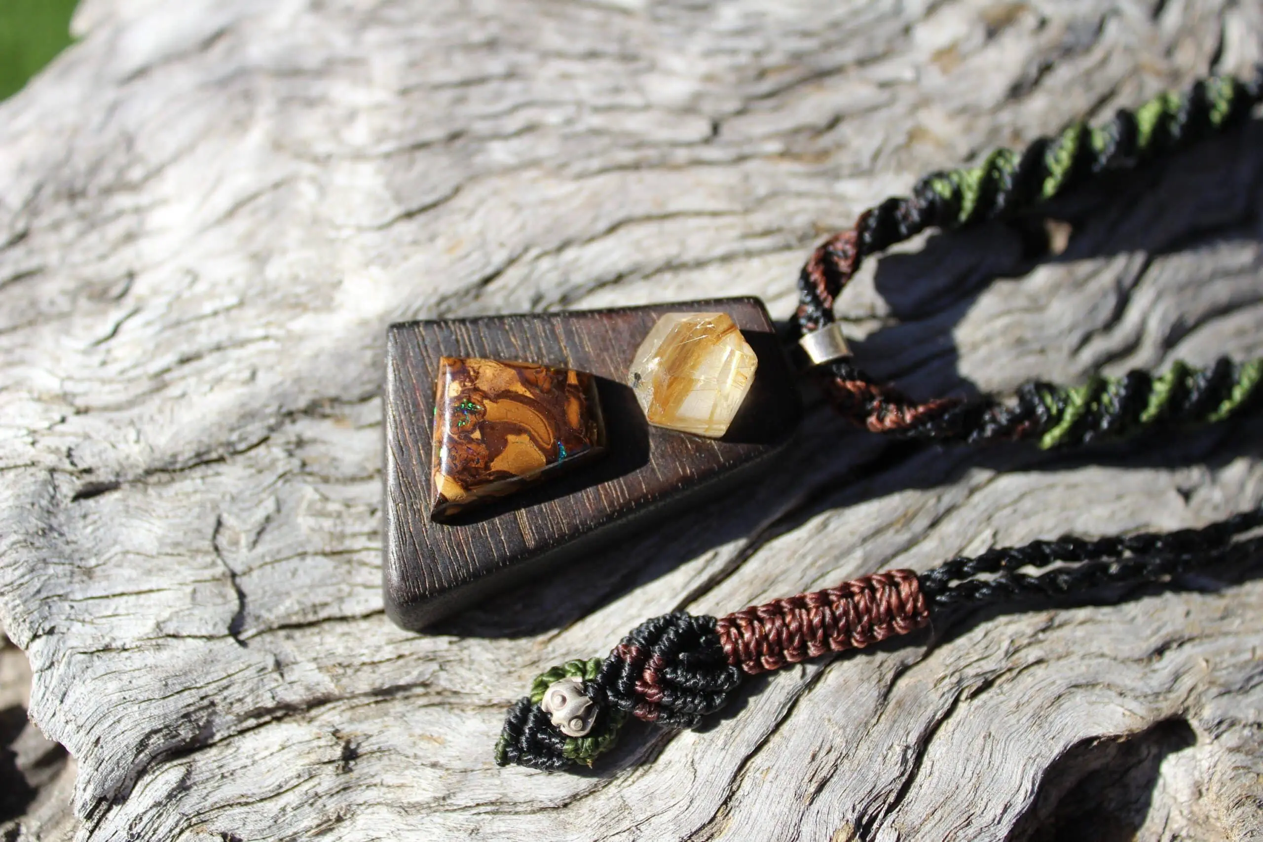 BOULDER OPAL and GOLD Rutile wood pendant, ,Red Cedar Wood,Macrame cord,October BirthStone, Australian made macrame cord, statement jewelry - Image 8