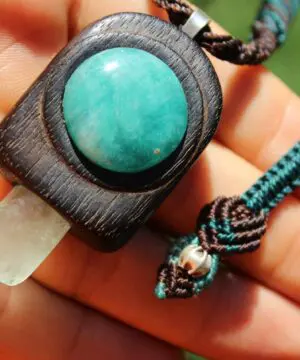 Alternative view of Aquamarine wood pendant, Amozonite Necklace jewelry,Red Cedar Wood, October BirthStone,Healing crystal, Australian made macrame cord