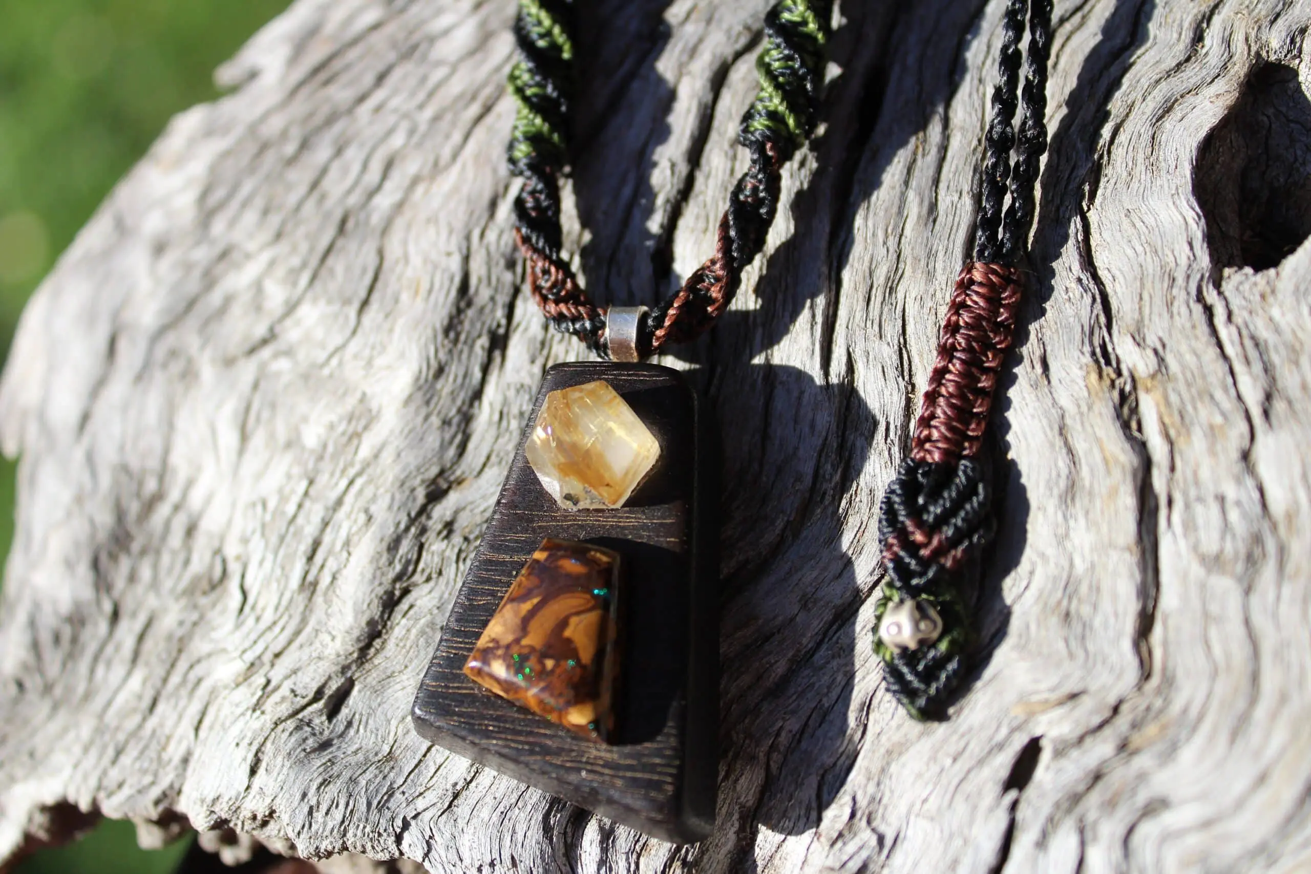 BOULDER OPAL and GOLD Rutile wood pendant, ,Red Cedar Wood,Macrame cord,October BirthStone, Australian made macrame cord, statement jewelry - Image 5