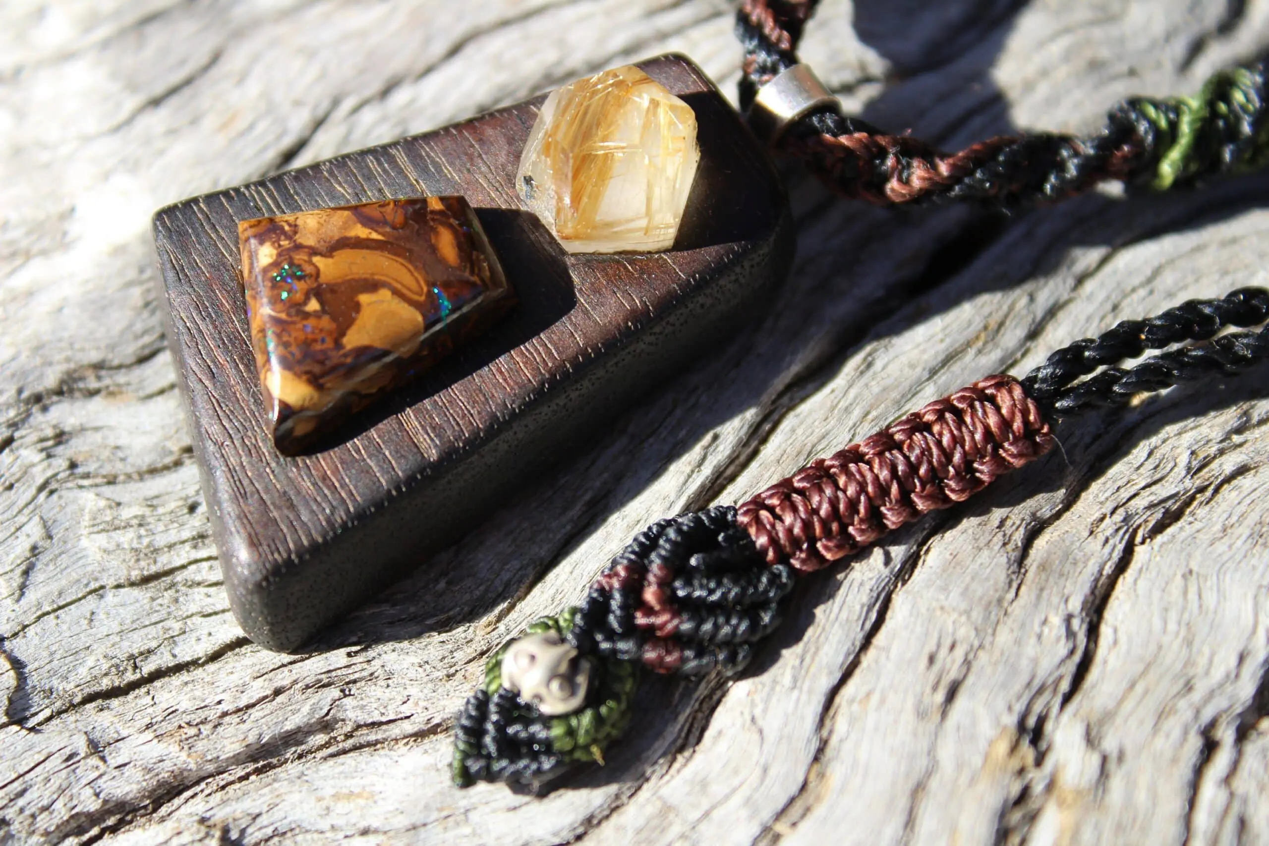 BOULDER OPAL and GOLD Rutile wood pendant, ,Red Cedar Wood,Macrame cord,October BirthStone, Australian made macrame cord, statement jewelry - Image 4