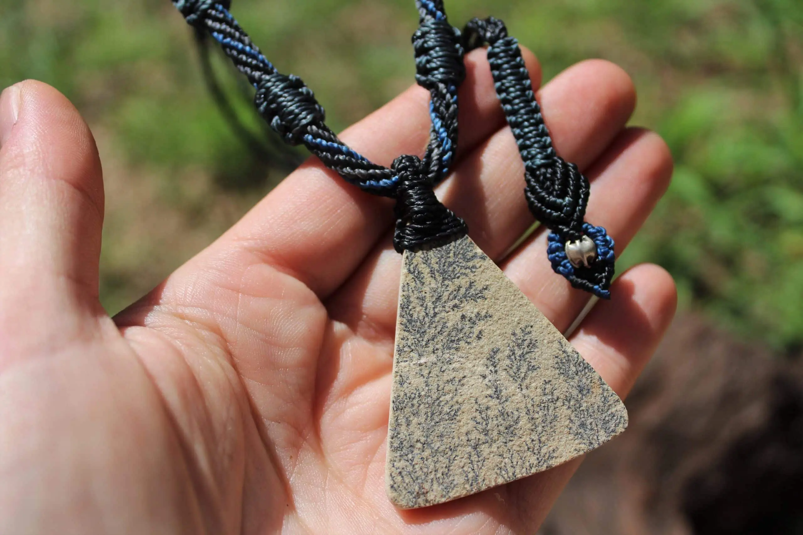 Dendritic Agate and Psilomelane Agate Tree Stone Pendant, Exquisite Handcrafted Tree of Life Necklace, Artisan Macrame Statement Jewelry - Image 2