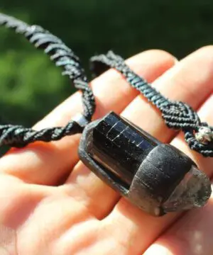 Alternative view of Australian Topaz and Black Tourmaline wood pendant, Macrame cord, crystal point , Australian made macrame cord, black stone jewelry