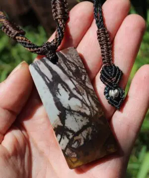 Alternative view of Outback Jasper Necklace. Australian Picture Jasper Pendant , first nation jewelry,aboriginal art pendant,Macrame Cord,Platypus Dreaming
