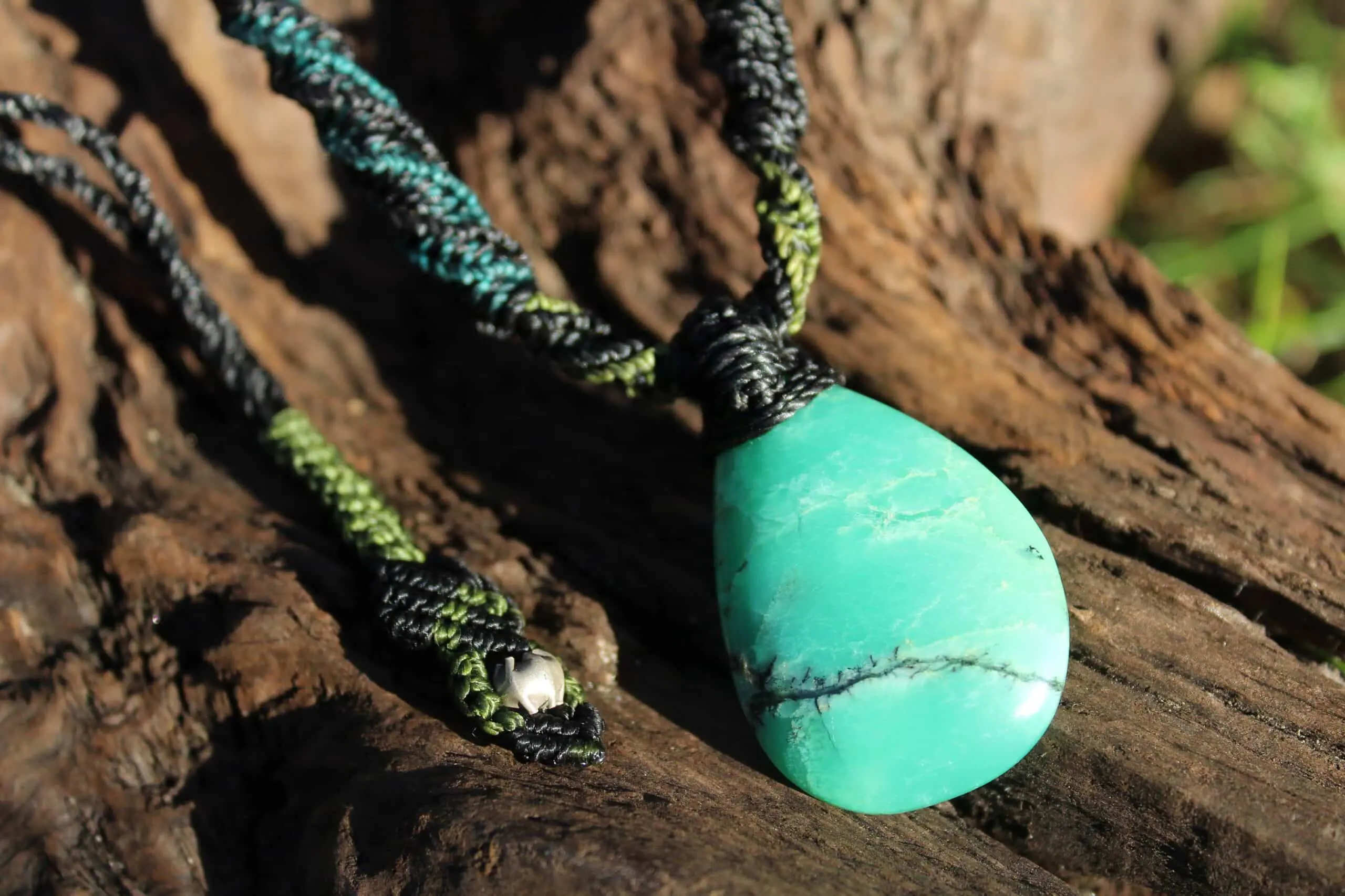 Australian Dendritic Chrysoprase Quartz Pendant Necklace, Australian made Macrame cord, june birthstone, australian natural green stone