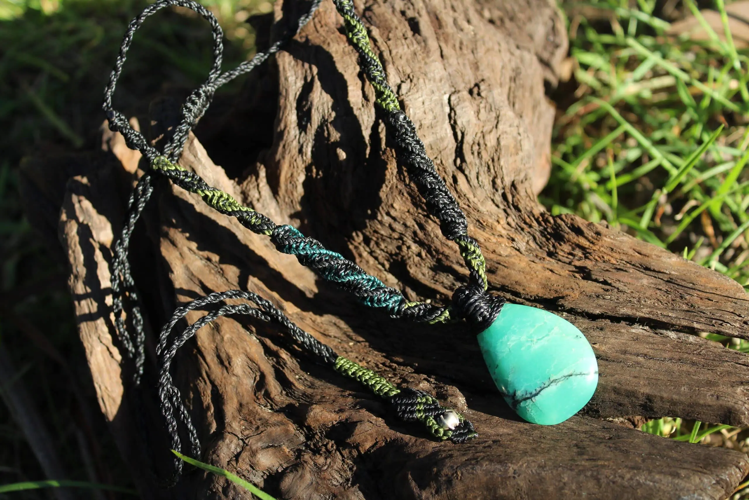 Australian Dendritic Chrysoprase Quartz Pendant Necklace, Australian made Macrame cord, june birthstone, australian natural green stone - Image 4
