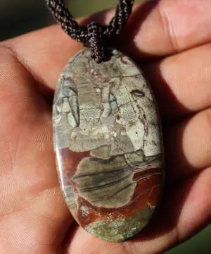 Alternative view of Australian Rhyolite Mushroom Jasper Necklace, Platypus dreaming Rain-forest Jasper Pendant, Australian Made macrame cord, ELVEN jewelry,