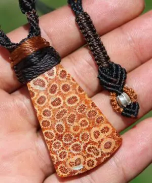Alternative view of Elven Red CORAL FOSSIL Pendant crystal Necklace, Ancient Gemstone Jewelry, Macrame Cord, Vegan Orange Talisman