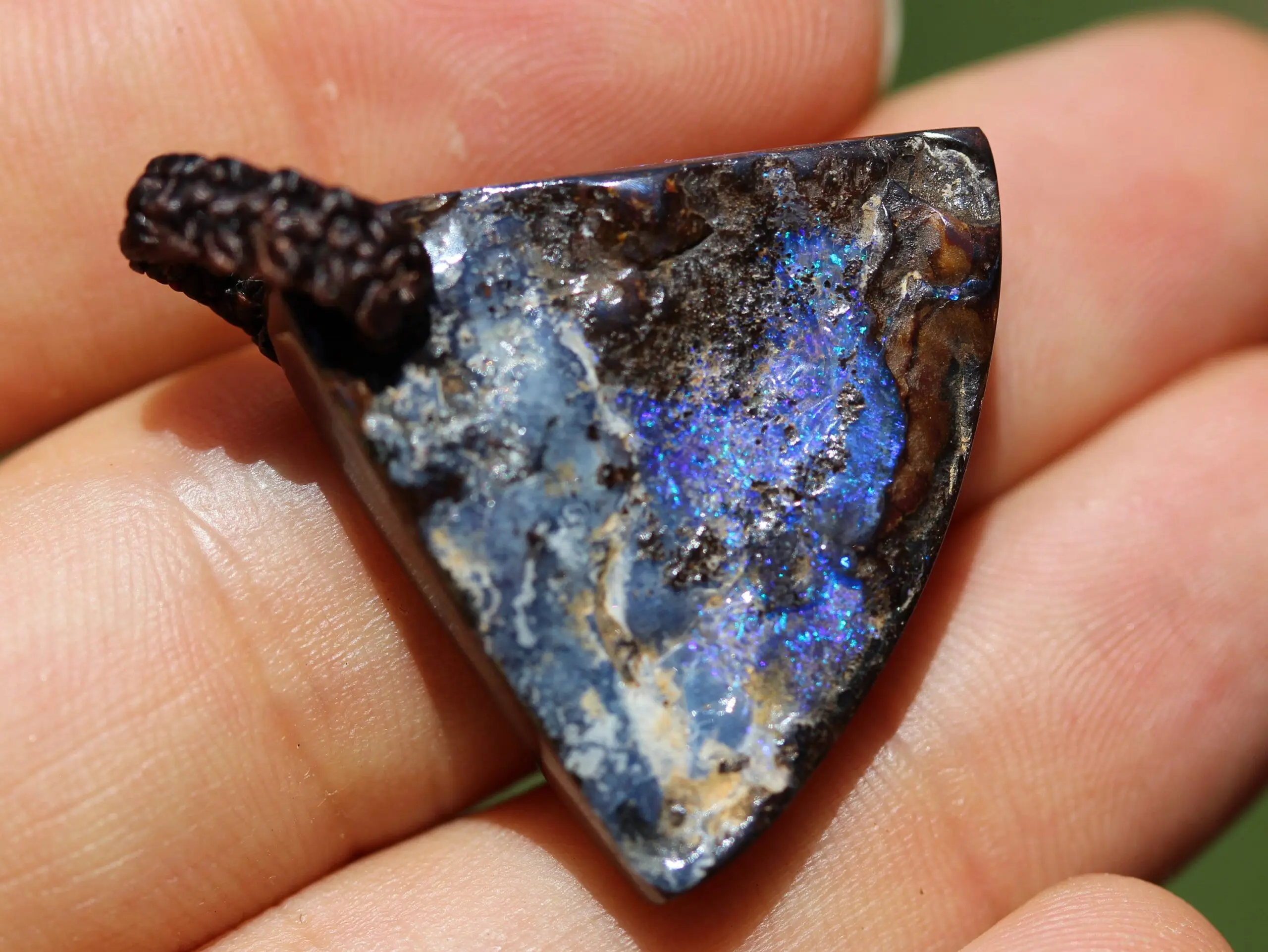 Matrix OPAL NECKLACE.Pattern Green Blue Purple Flashy Boulder Opal Pendant with Macrame Cord