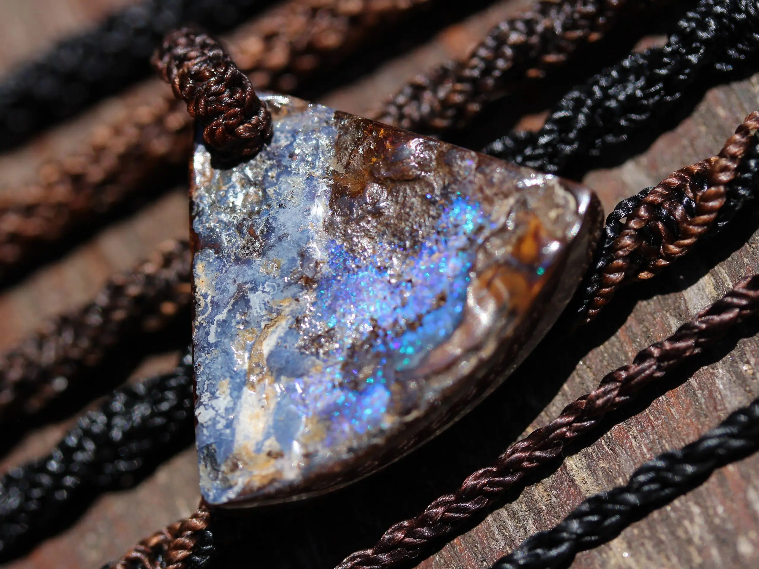 Matrix OPAL NECKLACE.Pattern Green Blue Purple Flashy Boulder Opal Pendant with Macrame Cord