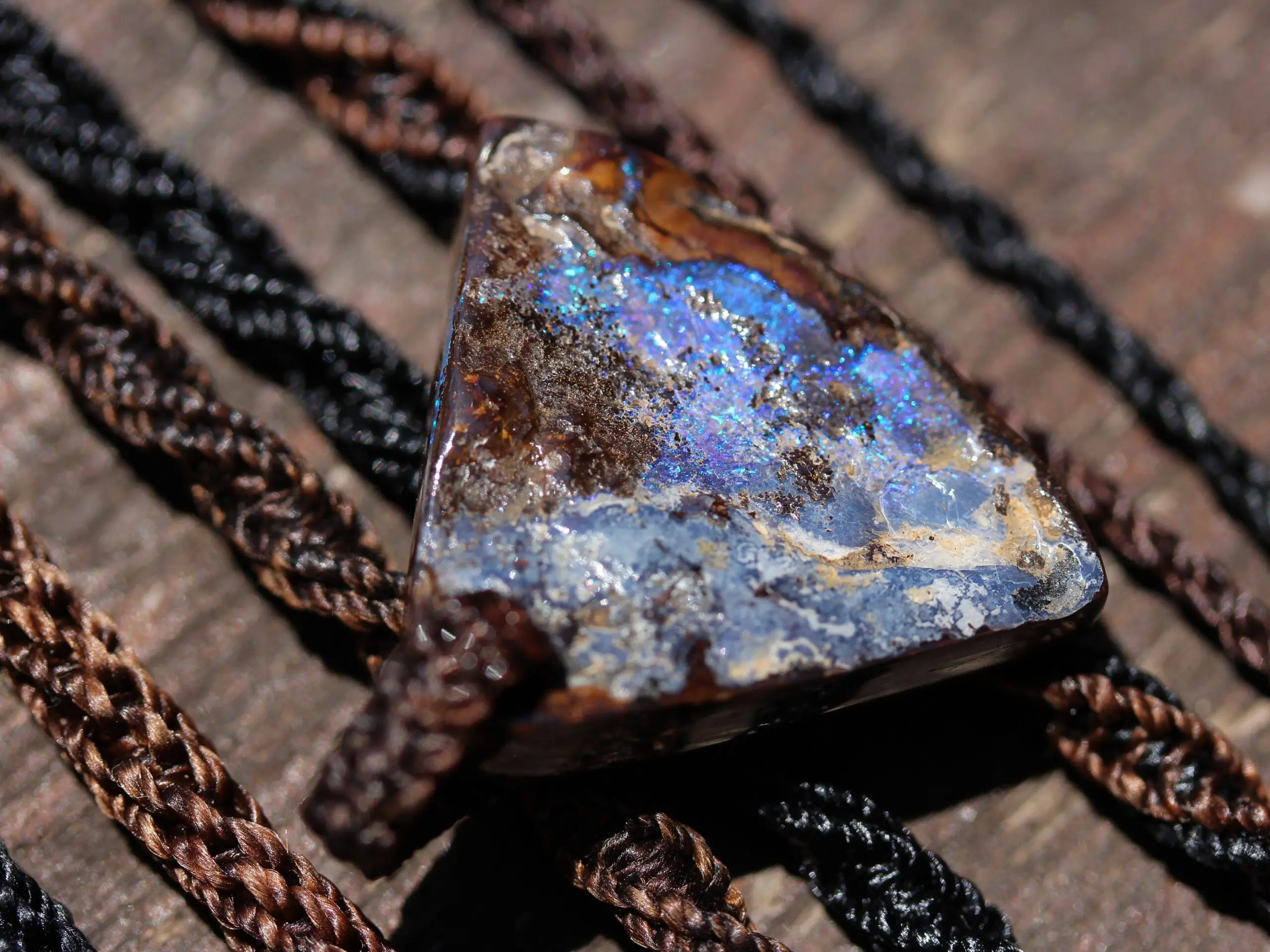 Matrix OPAL NECKLACE.Pattern Green Blue Purple Flashy Boulder Opal Pendant with Macrame Cord