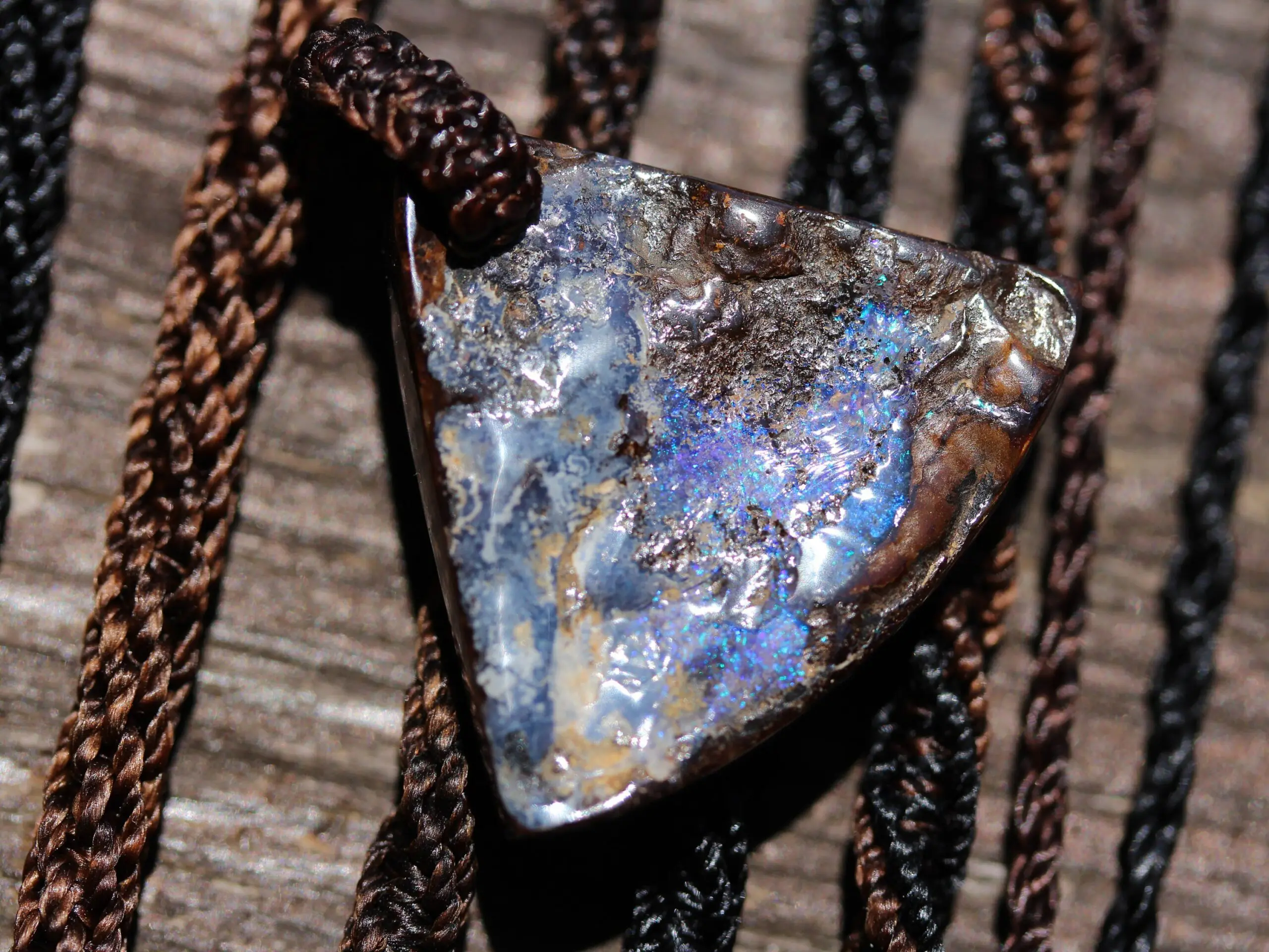 Matrix OPAL NECKLACE.Pattern Green Blue Purple Flashy Boulder Opal Pendant with Macrame Cord