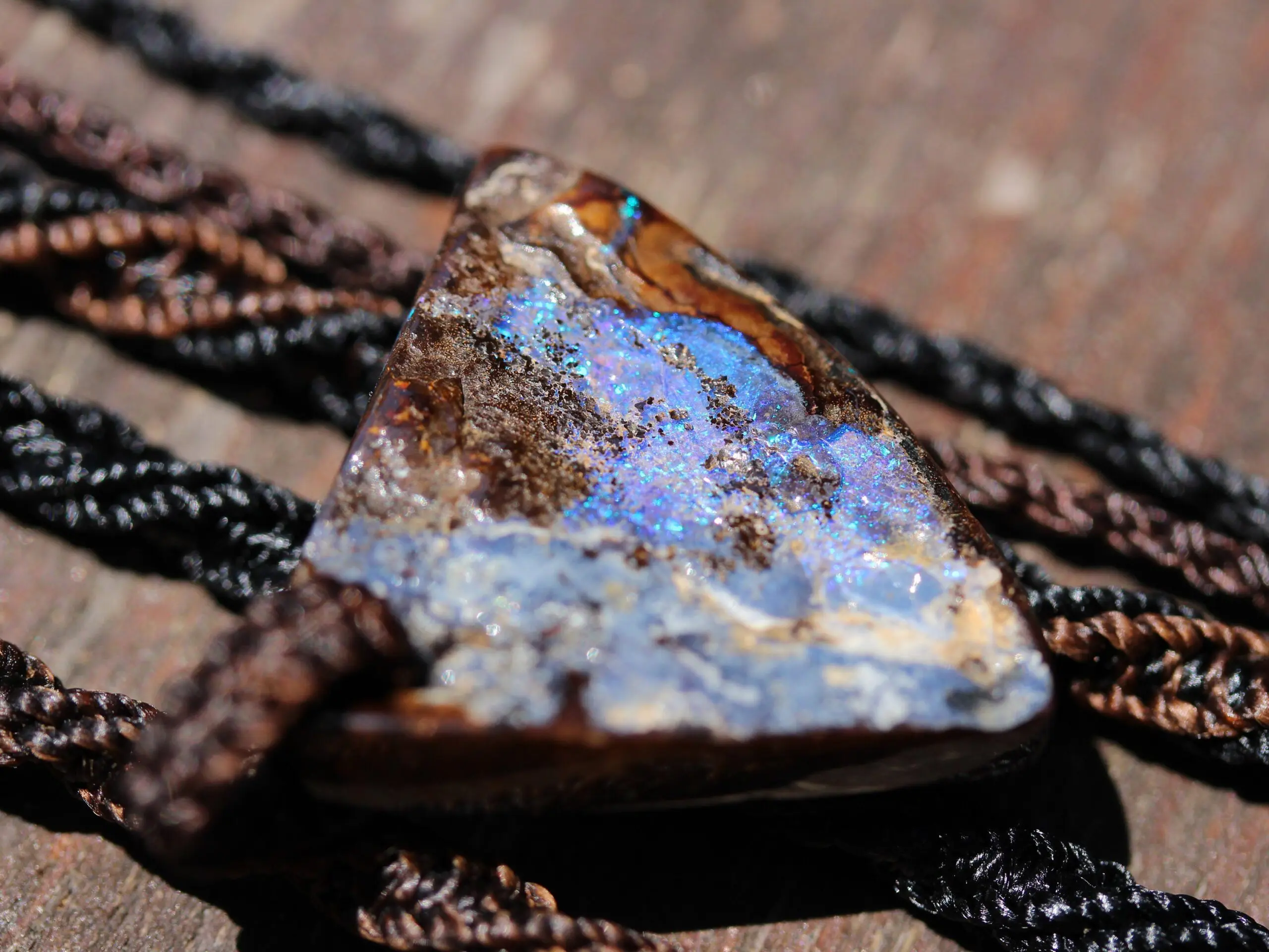 Matrix OPAL NECKLACE.Pattern Green Blue Purple Flashy Boulder Opal Pendant with Macrame Cord