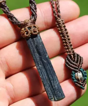 Alternative view of Cathedral Green blue tourmaline Necklace, Specimen crystal necklace, Australian madeacrame cord, October BirthStone,green blue tourmaline