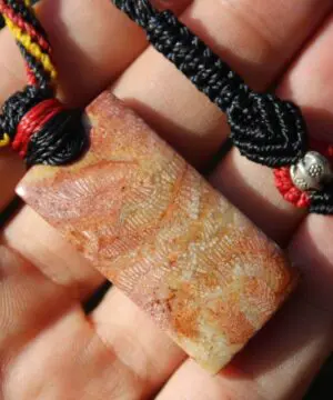 Alternative view of Indigenous CORAL FOSSIL Pendant crystal Necklace, Ancient Gemstone Jewelry, Australian Made Macrame Cord, Aboriginal colours Talisman