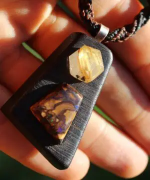 Alternative view of BOULDER OPAL and GOLD Rutile wood pendant, ,Red Cedar Wood,Macrame cord,October BirthStone, Australian made macrame cord, statement jewelry