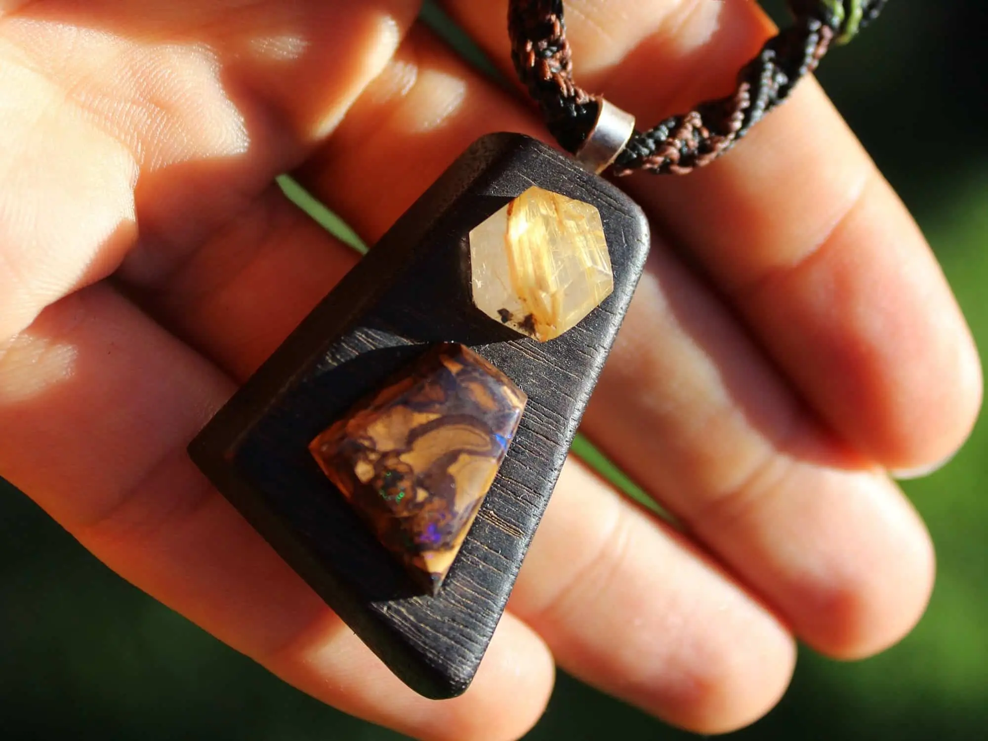 BOULDER OPAL and GOLD Rutile wood pendant, ,Red Cedar Wood,Macrame cord,October BirthStone, Australian made macrame cord, statement jewelry - Image 2