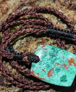 Alternative view of Australian Chrysocolla pendant, Chrysocolla necklace, Australian made thin Macrame cord, June birthstone,natural green stone surfer necklace