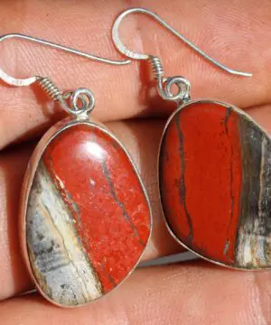 Australian Silver Red Snakeskin Jasper Earrings, Australian handmade unique crsytal healing jewelry, natural red gemstone cool earrings,