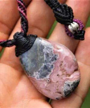 Alternative view of Druzy rhodochrosite pendant, australian made macrame cord, elven rhodochrosite necklace, taurus, october birth stone, raw pink crystal