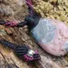 Druzy rhodochrosite pendant, australian made macrame cord, elven rhodochrosite necklace, taurus, october birth stone, raw pink crystal