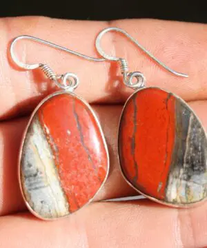 Australian Silver Red Snakeskin Jasper Earrings, Australian handmade unique crsytal healing jewelry, natural red gemstone cool earrings,