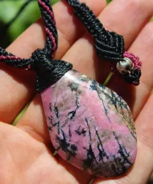 Alternative view of Australian Queensland Royal Dendritic Rhodonite pendant,Australian Made Macrame Cord Pink Stone, Taurus, october birth stone,  Healing Stone
