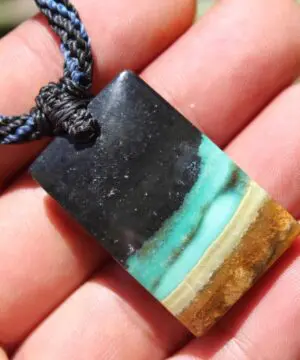 Alternative view of Petrify wood Talisman,Blue Opal Opal Necklace,Elven Jewelry,Opalized wood, OPAL Pendant,Petrified Wood,Shibari Macrame Cord,Hamsa,Nazar