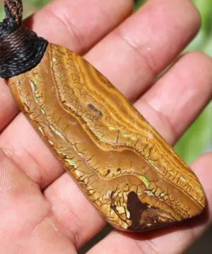 Alternative view of Huge Koroit Opal Pendant, Boulder Opal Necklace, Australian Opal jewelry, Tribal Australian made macrame Cord, natural jewelry