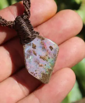 Alternative view of Fire Opal Macrame Jewelry, Elven Petrified Winton Opal Pendant Necklace, Australian made macrame cord Talisman, Unique Outback Gemstone Gift