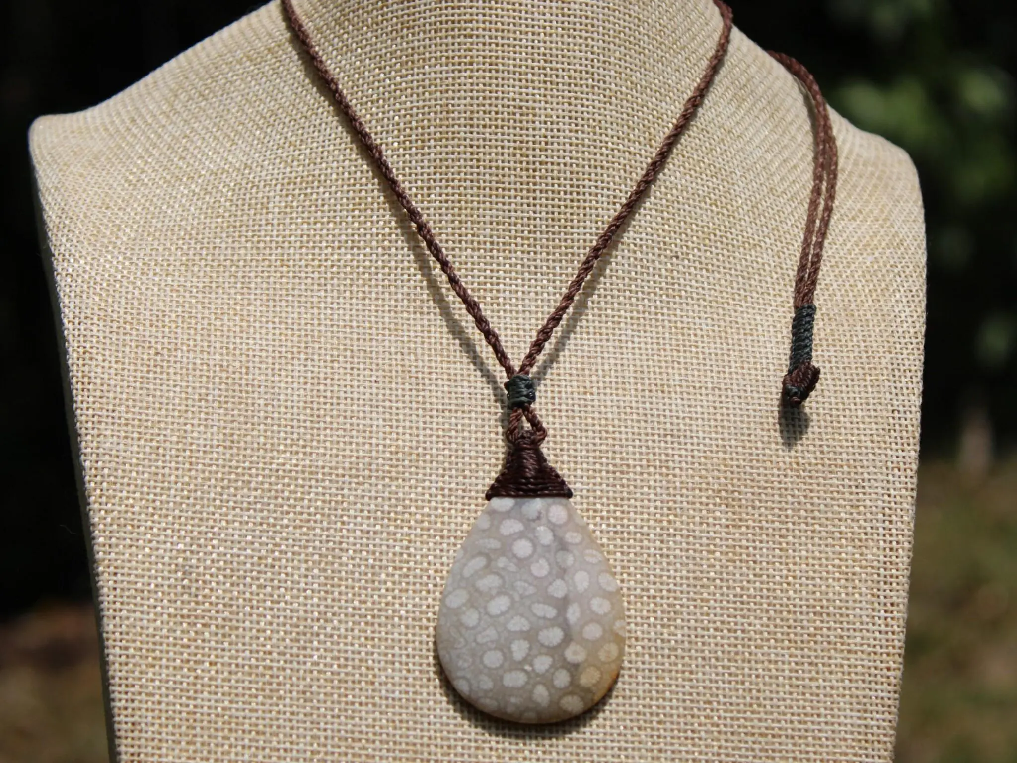 Australian Fossilized Coral Necklace • One-of-a-Kind Crystal Talisman • Handmade Adjustable Pendant on Waxed Tropical Cord, surfer Pendant - Image 4