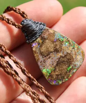 Alternative view of Australian Fire Matrix Boulder OPAL Pendant Necklace, Solid Boulder Opal jewelry, Australian Made Tropical Macrame Wax Cord Healing Jewelry