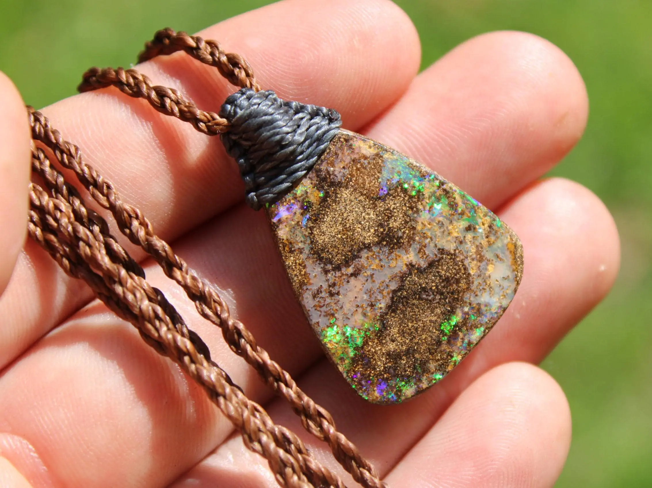 Australian Fire Matrix Boulder OPAL Pendant Necklace, Solid Boulder Opal jewelry, Australian Made Tropical Macrame Wax Cord Healing Jewelry - Image 2