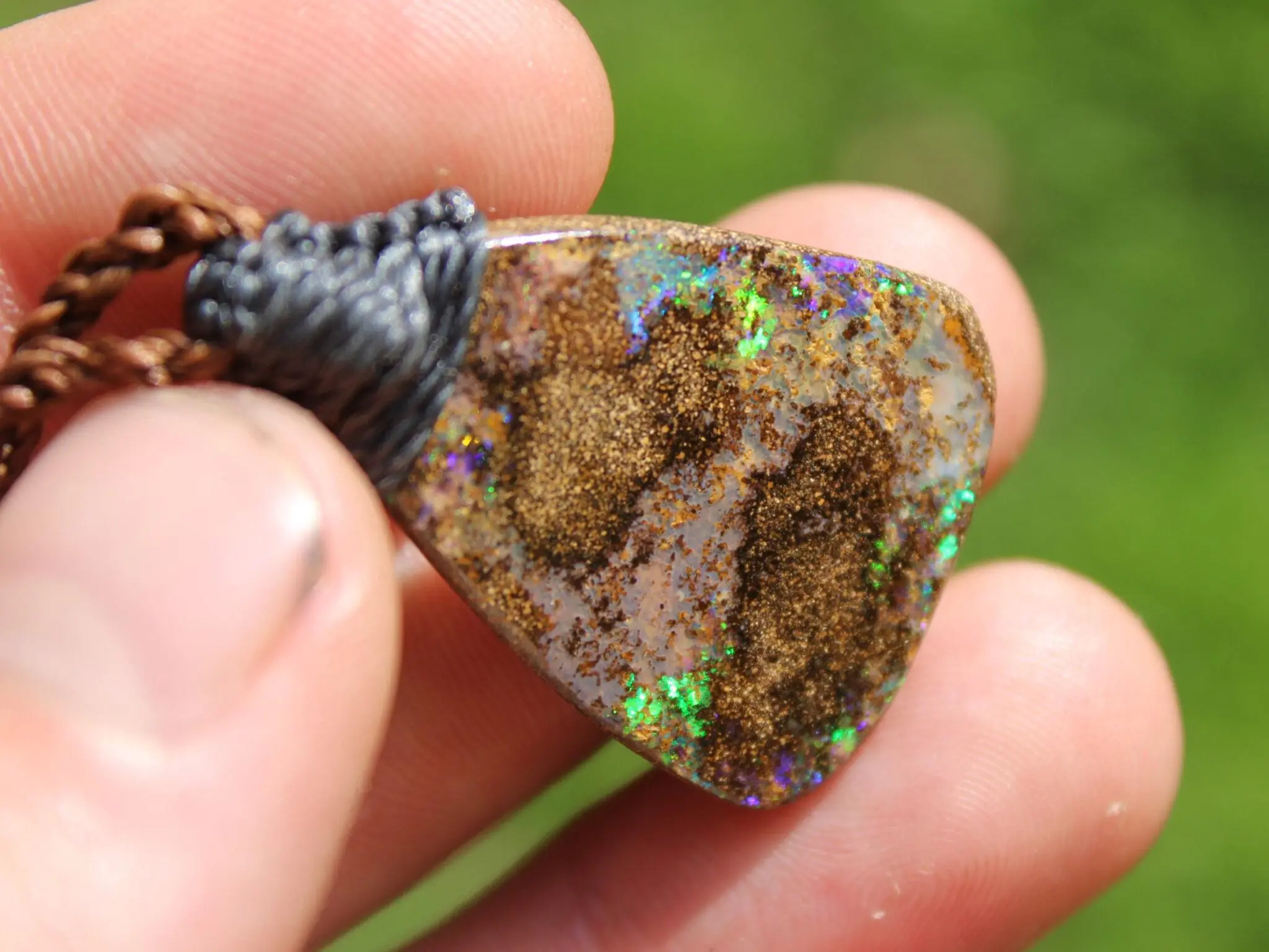 Australian Fire Matrix Boulder OPAL Pendant Necklace, Solid Boulder Opal jewelry, Australian Made Tropical Macrame Wax Cord Healing Jewelry - Image 7