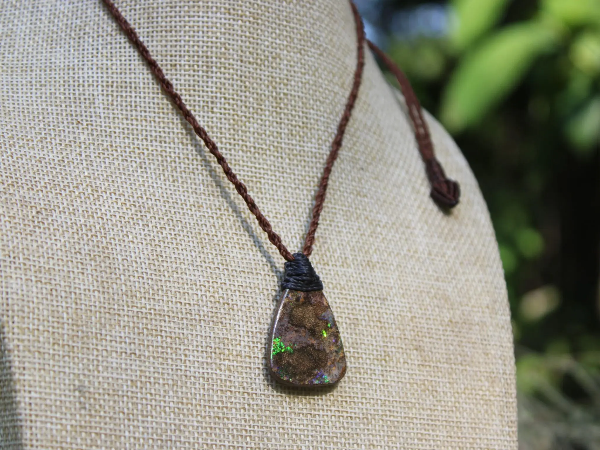 Australian Fire Matrix Boulder OPAL Pendant Necklace, Solid Boulder Opal jewelry, Australian Made Tropical Macrame Wax Cord Healing Jewelry - Image 5