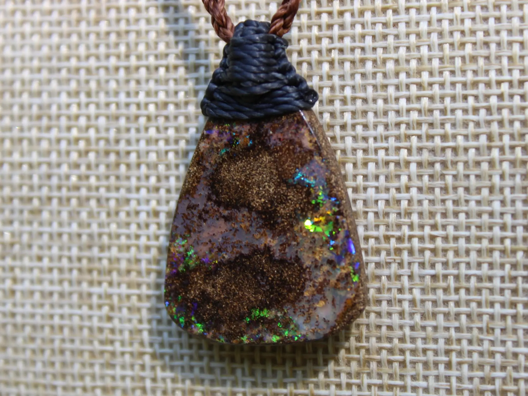 Australian Fire Matrix Boulder OPAL Pendant Necklace, Solid Boulder Opal jewelry, Australian Made Tropical Macrame Wax Cord Healing Jewelry - Image 8