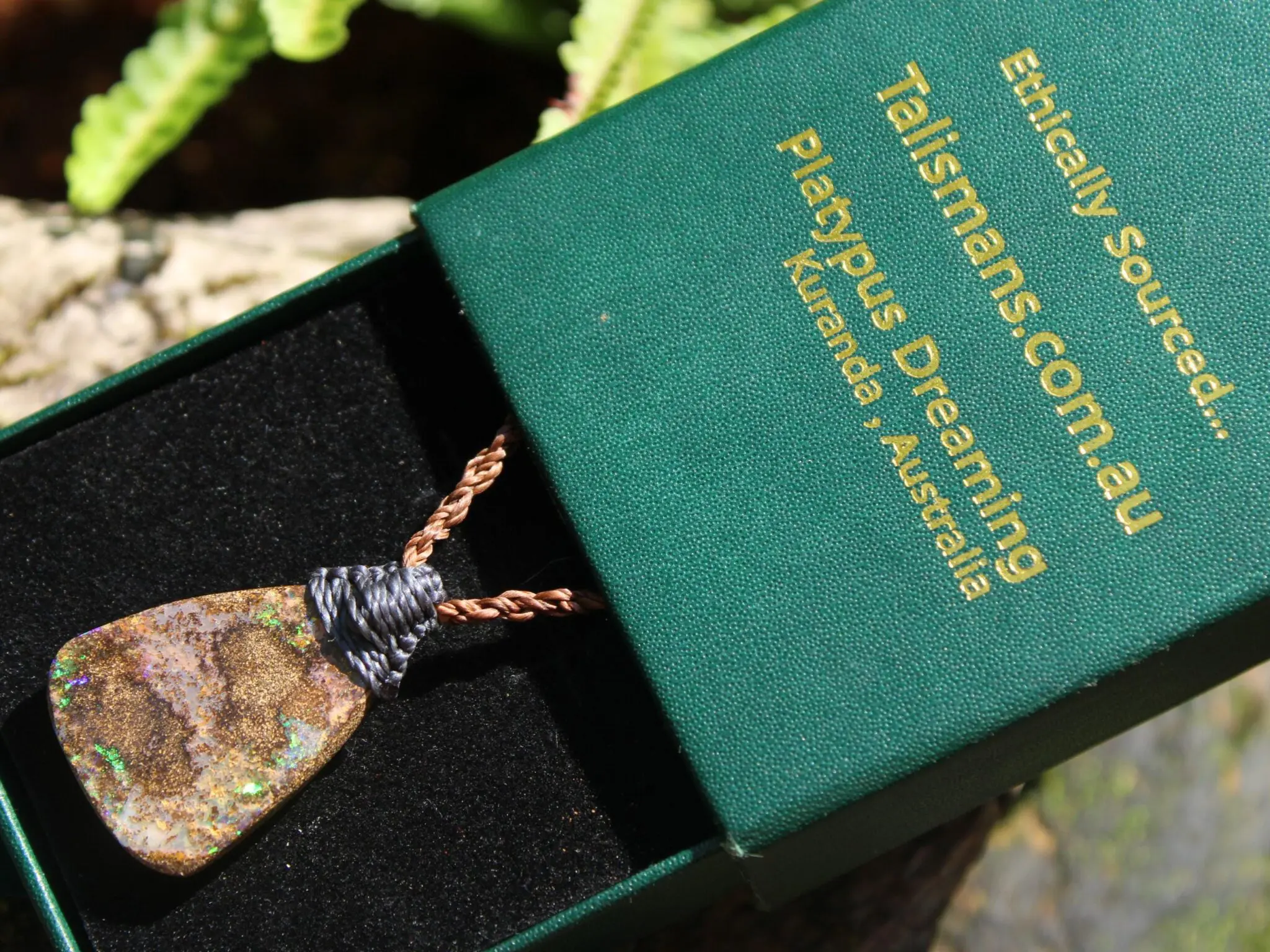 Australian Fire Matrix Boulder OPAL Pendant Necklace, Solid Boulder Opal jewelry, Australian Made Tropical Macrame Wax Cord Healing Jewelry - Image 4