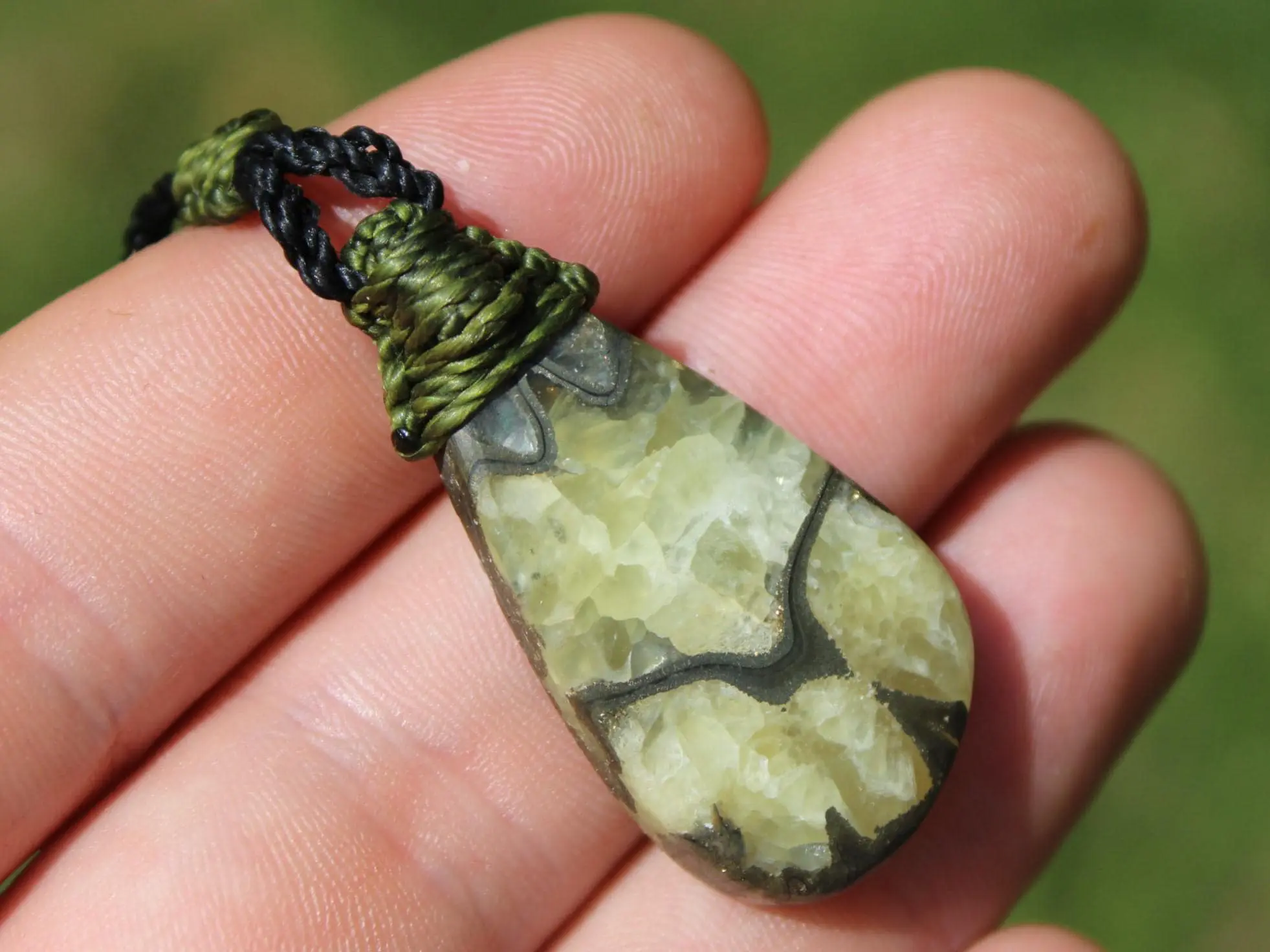 Pyrite Ammonite Calcite Pendant, Ammonite Fossil Necklace , Calcite jewelry, Australian made Macrame Cord Healing Crystal Jewelry - Image 2
