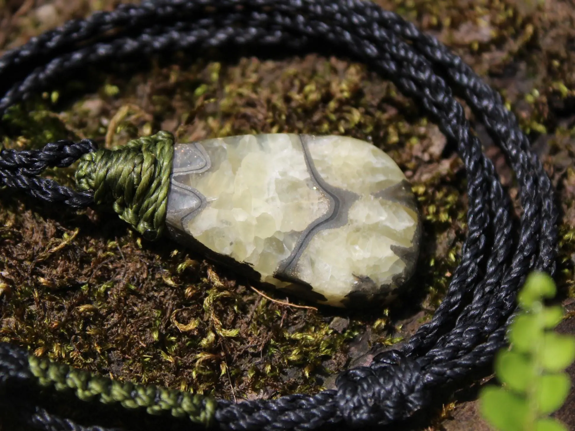 Pyrite Ammonite Calcite Pendant, Ammonite Fossil Necklace , Calcite jewelry, Australian made Macrame Cord Healing Crystal Jewelry - Image 3