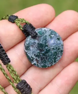 Alternative view of Green Moss Agate Necklace, Australian made Elven Macrame Thin Cord Healing Crystal Jewelry, Moss Agate Quartz Pendant