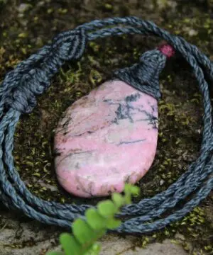 Australian rhodonite pendant, rhodonite necklace, tribal pendant, Australian made thin Macrame cord, Heart Chakra stone Jewelry,Taurus