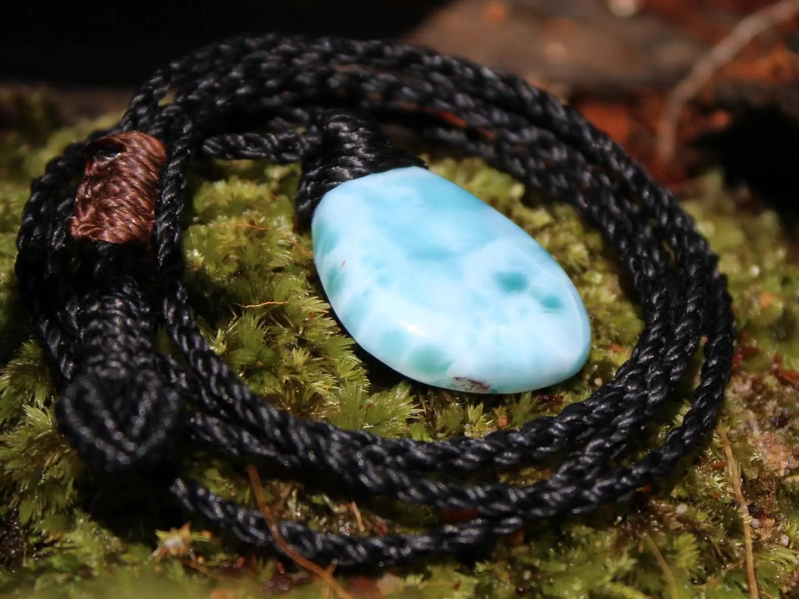 LARIMAR Pendant, Elven Talisman, Macrame Necklace, Burning man Jewelry,mermaid dolphin stone,Blue Stone Pendant,