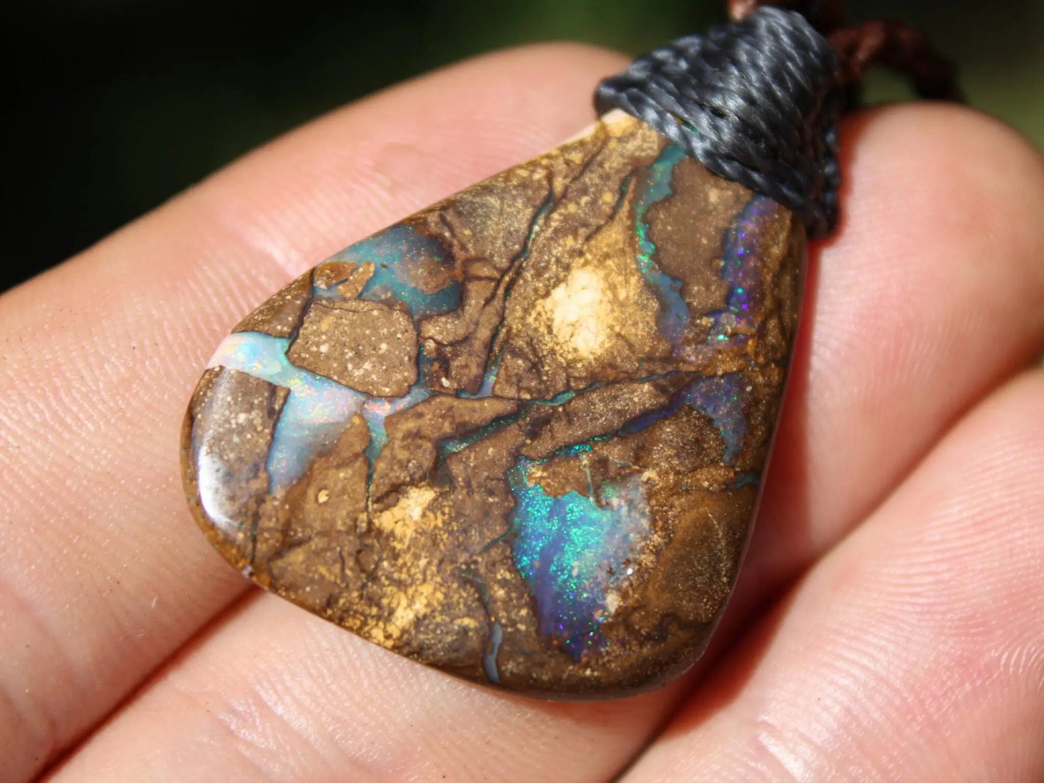 Australian Boulder OPAL Pendant Necklace, Solid Boulder Opal jewelry, Australian Made Tropical Macrame Wax Cord Healing Jewelry - Image 9