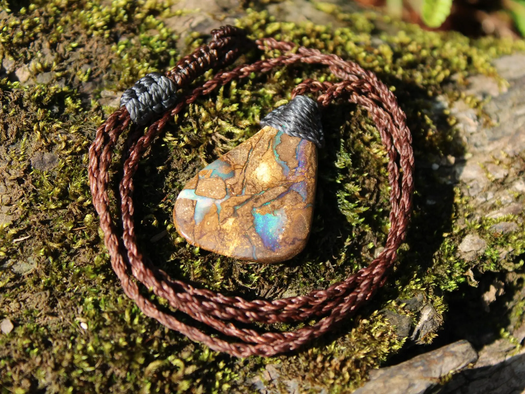 Australian Boulder OPAL Pendant Necklace, Solid Boulder Opal jewelry, Australian Made Tropical Macrame Wax Cord Healing Jewelry - Image 8