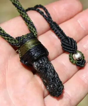 Alternative view of MOLDAVITE Double Sided Pendant, Poison Green Moldavite Necklace, Macrame CRYSTAL Necklace,Elf cosplay, elven jewelry, Burning Man