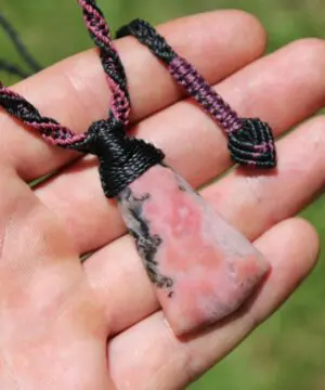 Alternative view of Elven Australian Rhodonite pendant, Australian Made Macrame Cord, Elf Healing Stone Talisman, Taurus, October birth stone, pink crystal