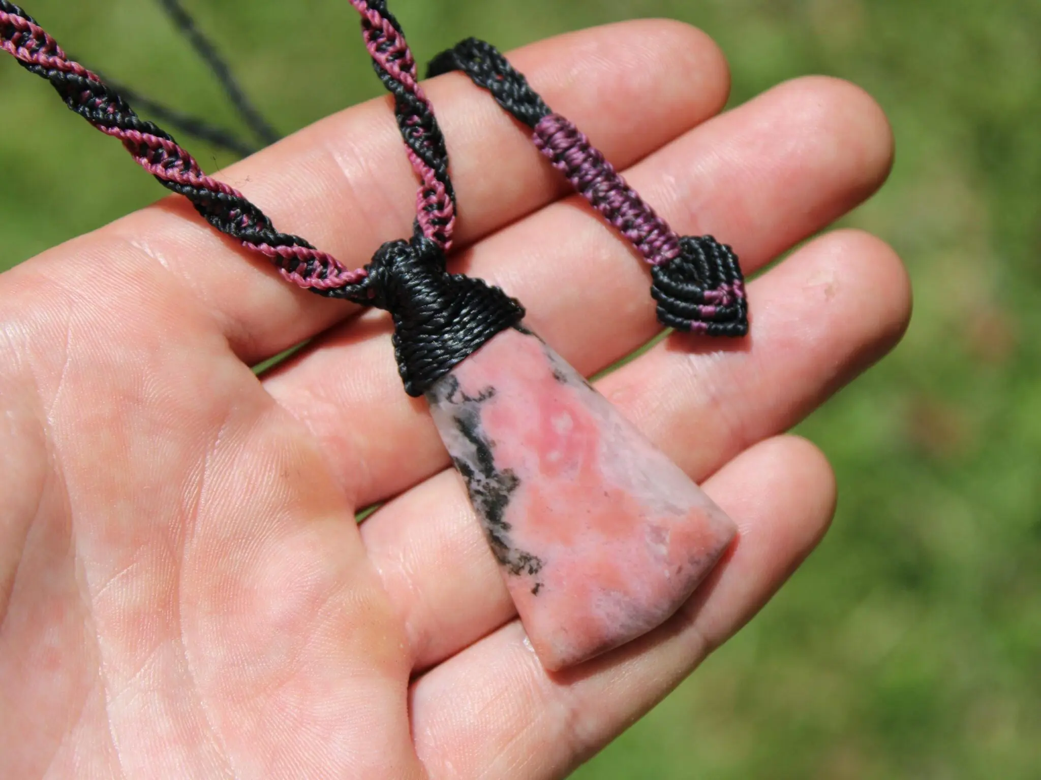 Elven Australian Rhodonite pendant, Australian Made Macrame Cord, Elf Healing Stone Talisman, Taurus, October birth stone, pink crystal - Image 2