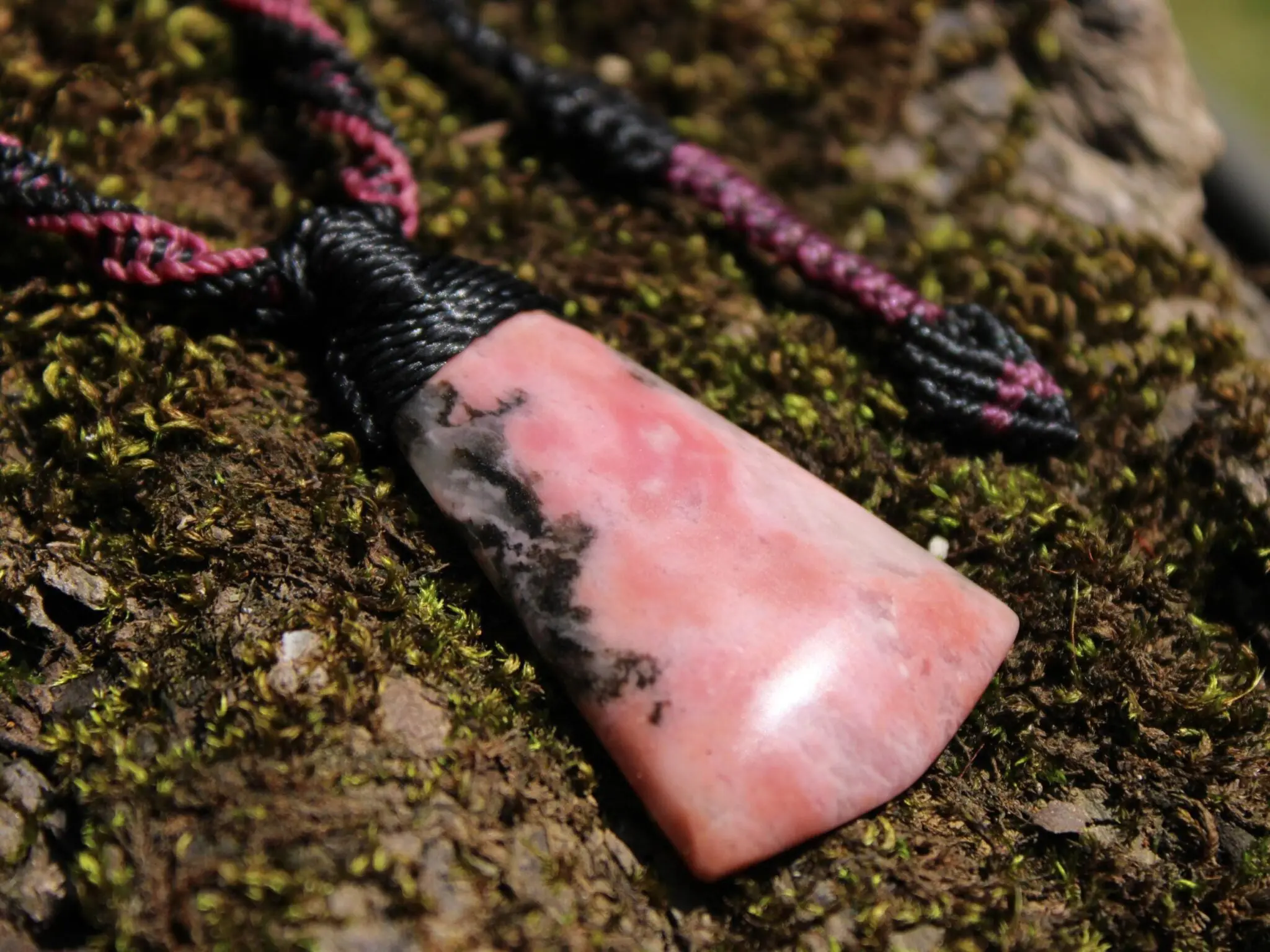 Elven Australian Rhodonite pendant, Australian Made Macrame Cord, Elf Healing Stone Talisman, Taurus, October birth stone, pink crystal